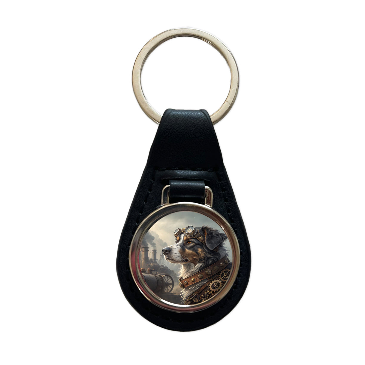 Australian Shepherd Dog Steampunk Black Leather Metal Keychain