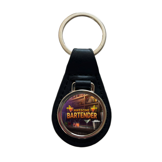 Awesome Bartender Inspirational Black Leather Metal Keychain