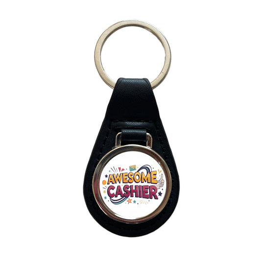 Awesome Cashier Inspirational Black Leather Metal Keychain