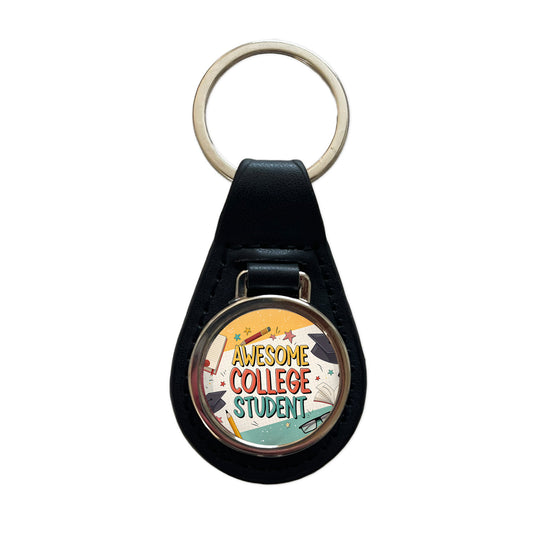 Awesome College Student Graduation Inspirational Black Leather Metal Keychain