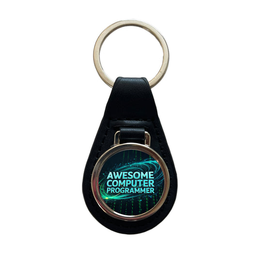 Awesome Computer Programmer Inspirational Black Leather Metal Keychain