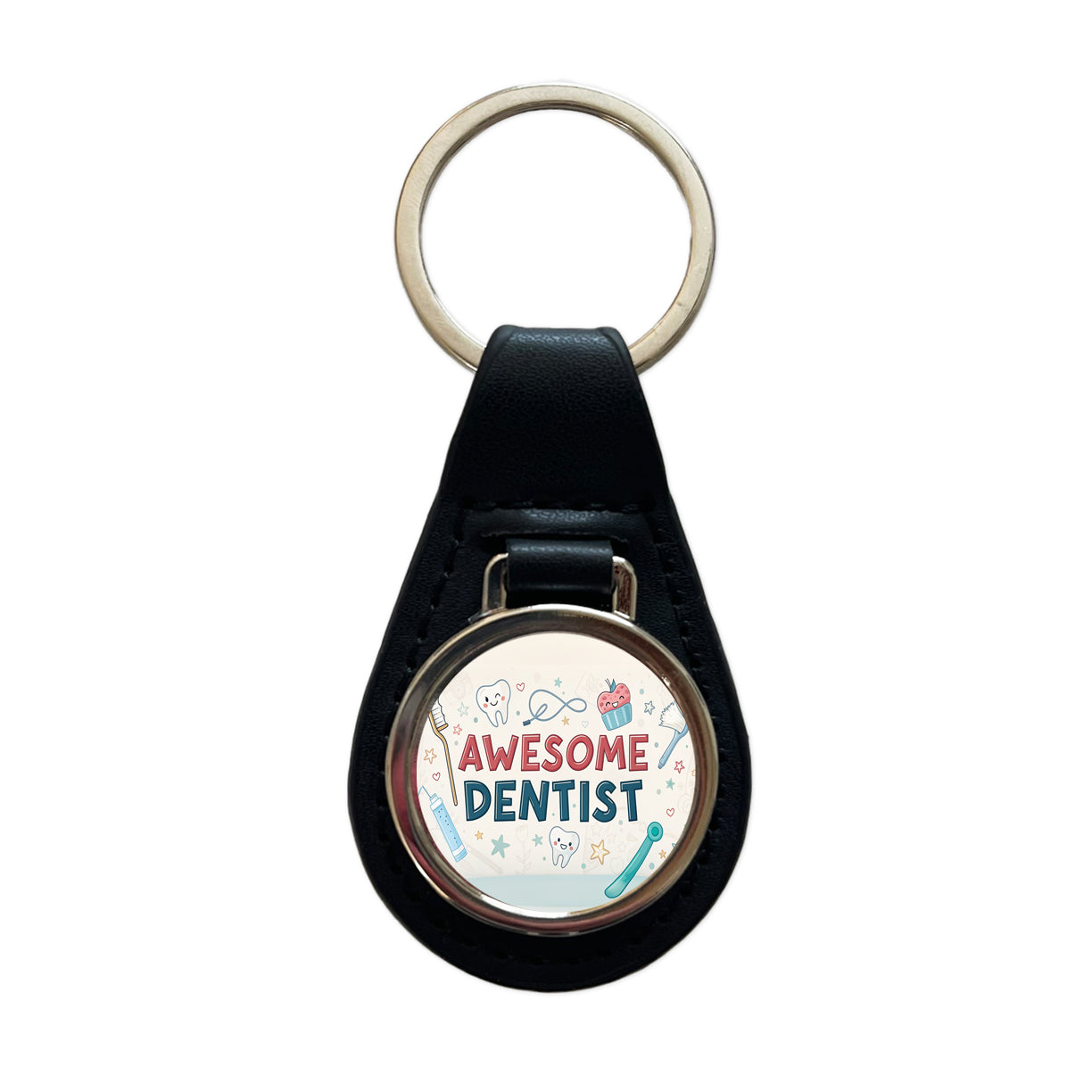Awesome Dentist Inspirational Black Leather Metal Keychain