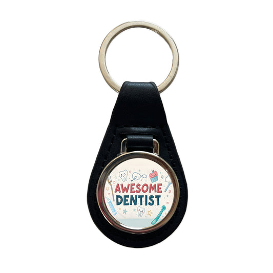 Awesome Dentist Inspirational Black Leather Metal Keychain