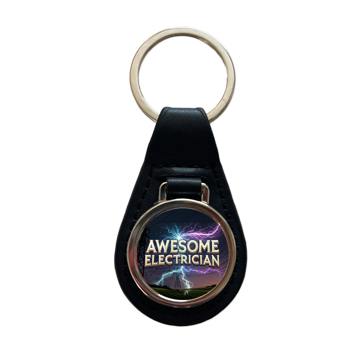 Awesome Electrician Inspirational Black Leather Metal Keychain