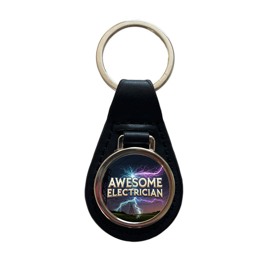 Awesome Electrician Inspirational Black Leather Metal Keychain
