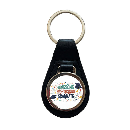 Awesome High School Graduate Graduation Inspirational Black Leather Metal Keychain