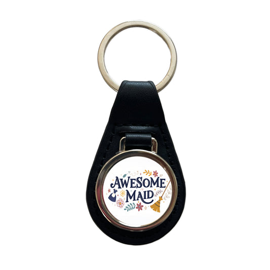 Awesome Maid Inspirational Black Leather Metal Keychain