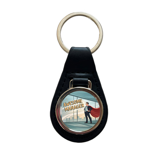 Awesome Manager Man Male Inspirational Black Leather Metal Keychain