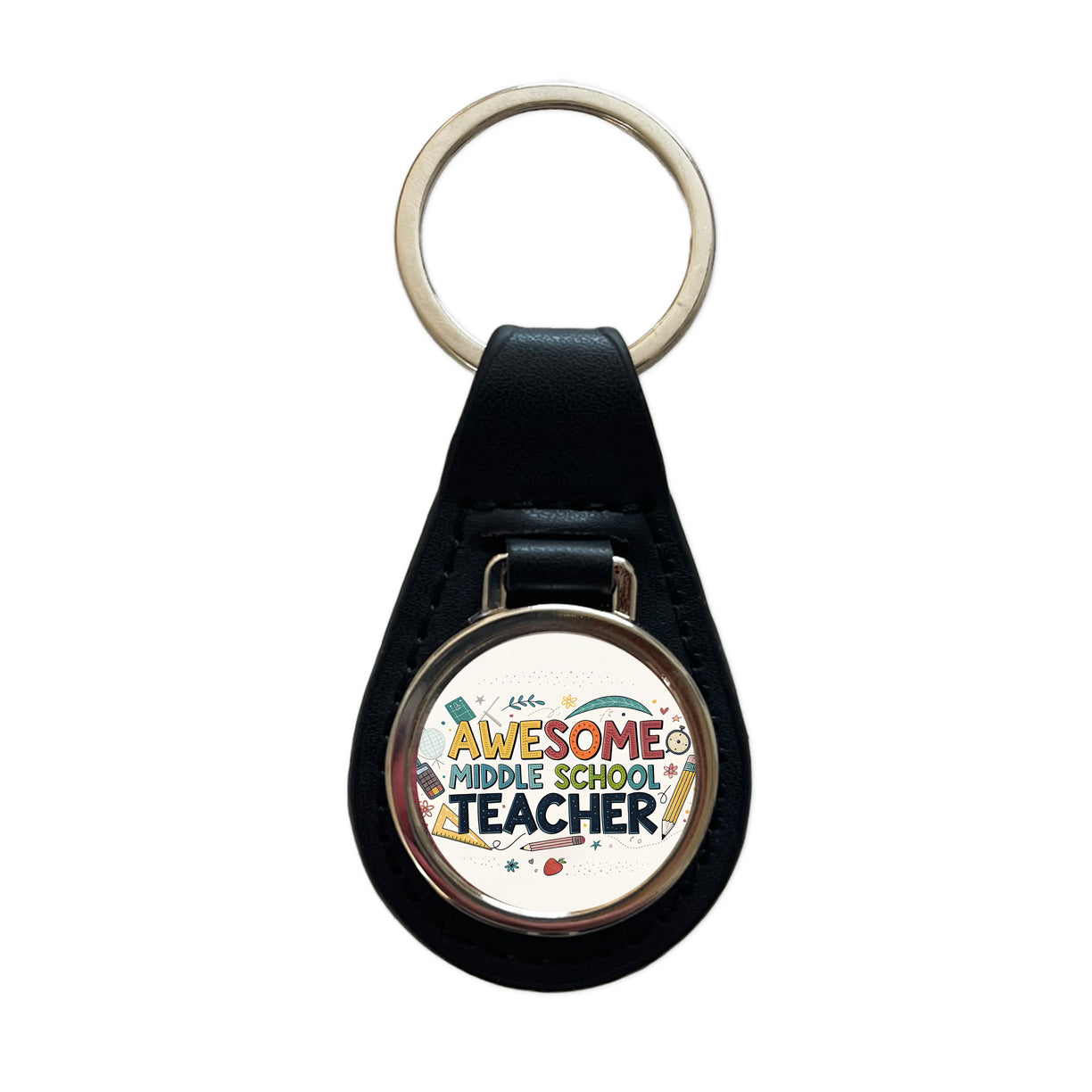 Awesome Middle School Teacher Inspirational Black Leather Metal Keychain