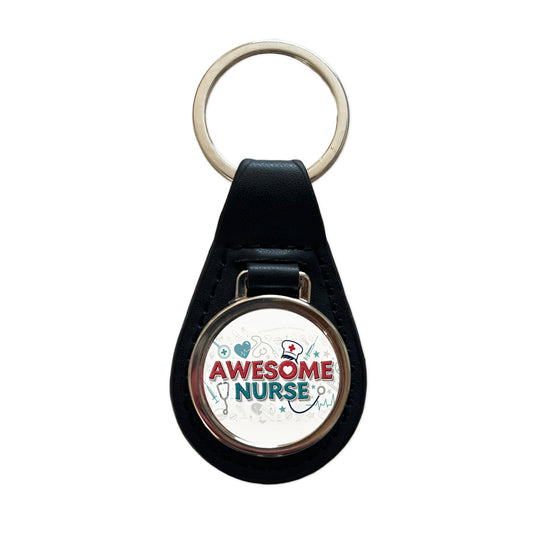 Awesome Nurse Inspirational Black Leather Metal Keychain