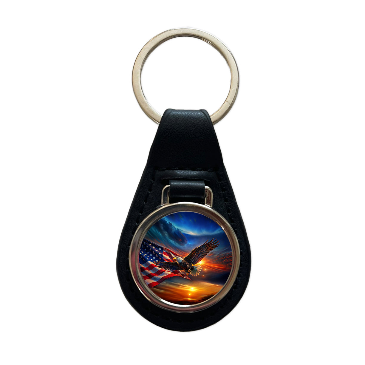Awesome Patriotic American Flag and Flying Bald Eagle Black Leather Metal Keychain