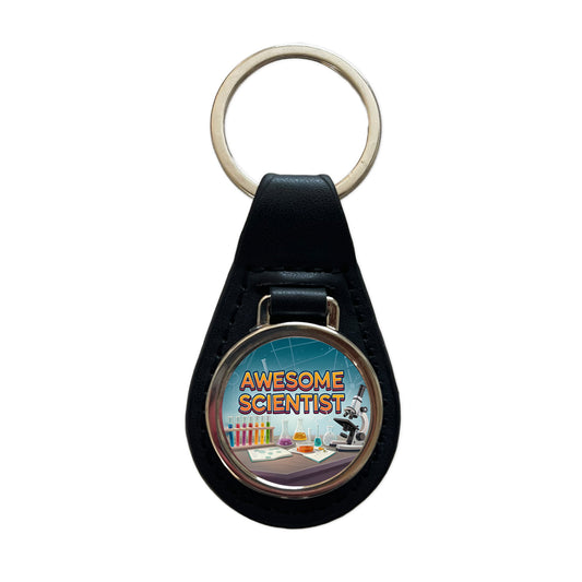 Awesome Scientist Inspirational Lab Microscope Black Leather Metal Keychain