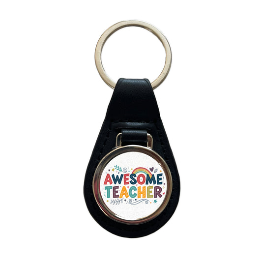 Awesome Teacher Inspirational Black Leather Metal Keychain