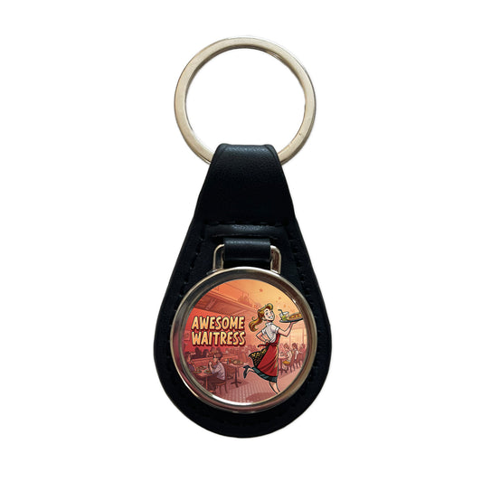 Awesome Waitress Inspirational Food Server Black Leather Metal Keychain