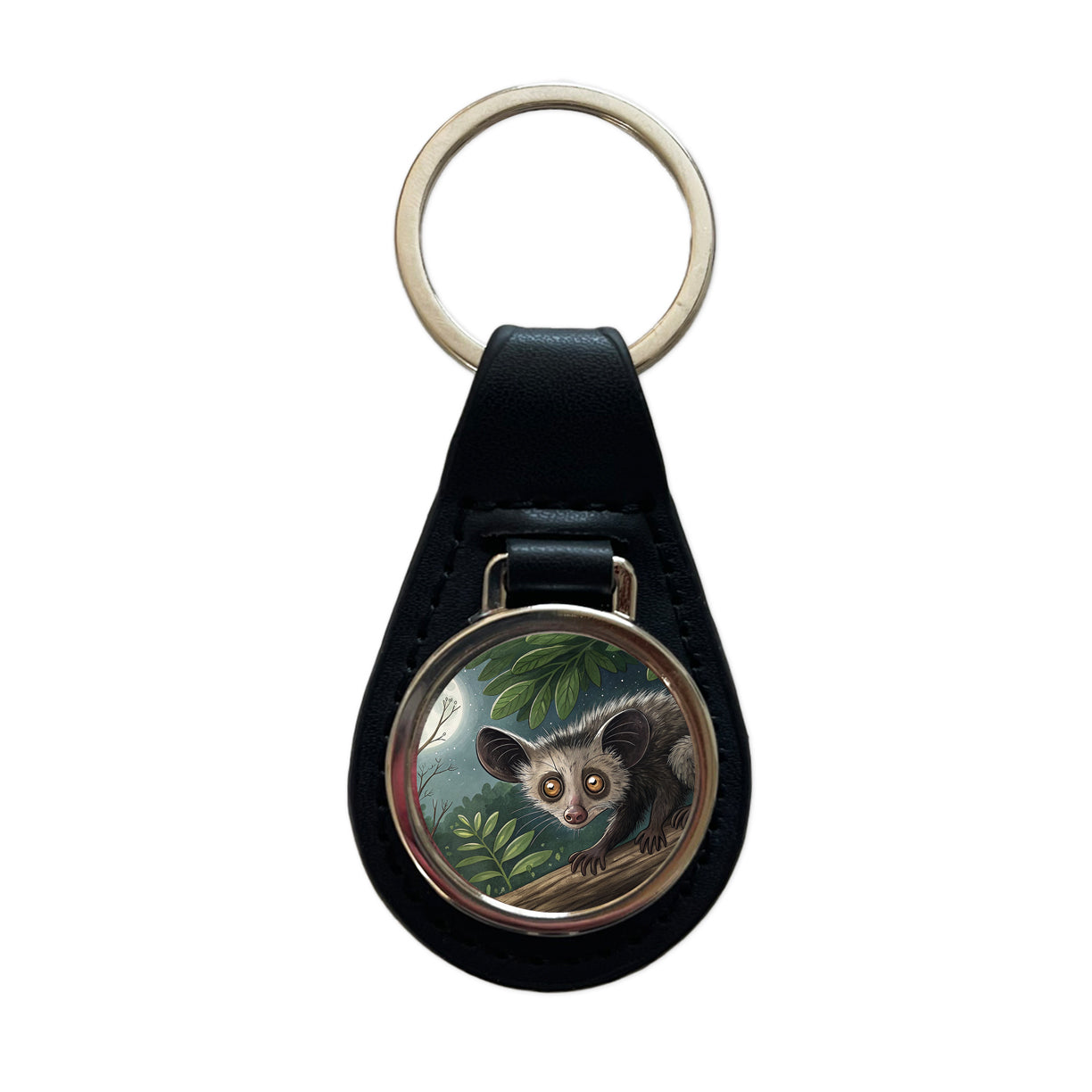 Aye Aye Long Fingered Lemur Illustration Black Leather Metal Keychain