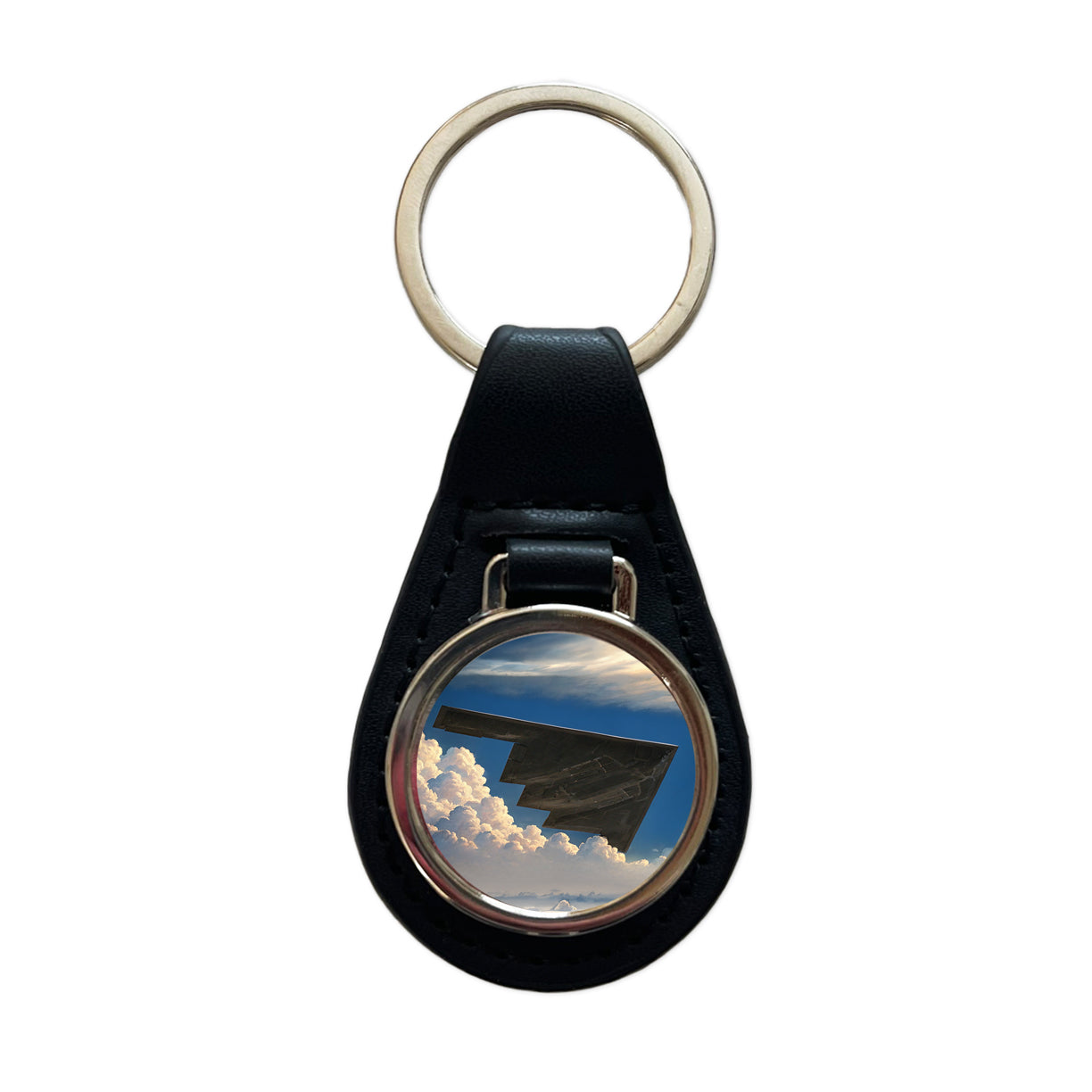 B-2 Spirit Stealth Bomber Airplane In Flight Illustration Black Leather Metal Keychain
