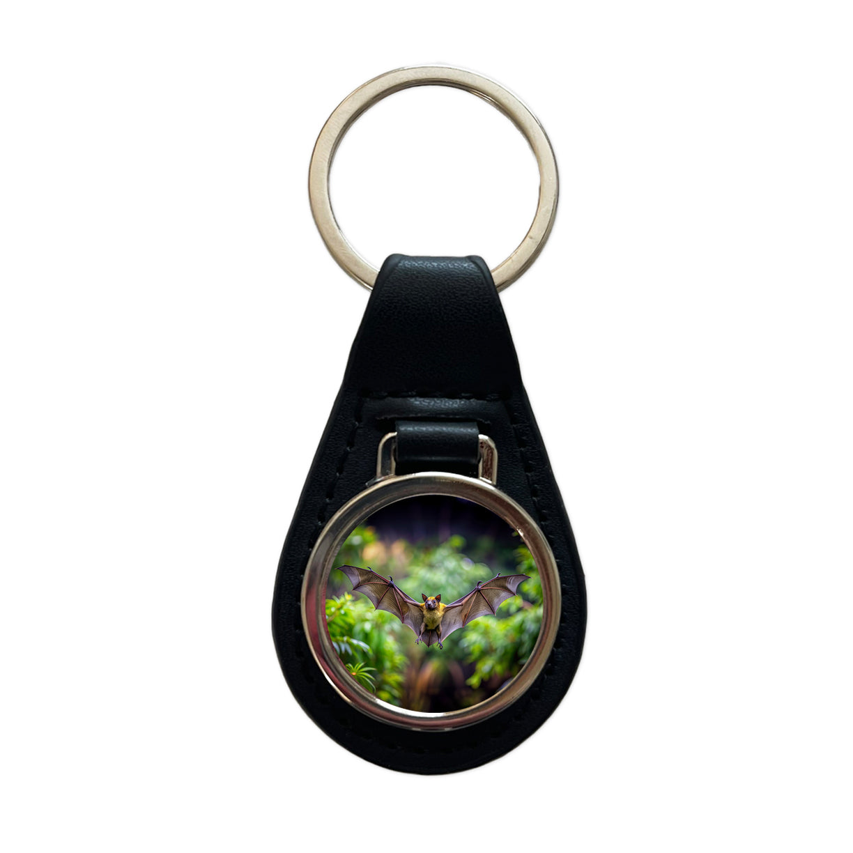 Bat Flying Photo Black Leather Metal Keychain