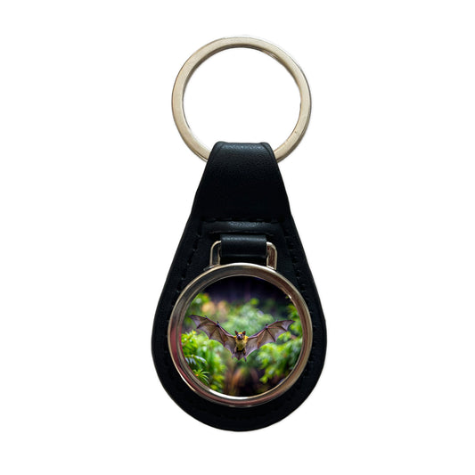 Bat Flying Photo Black Leather Metal Keychain