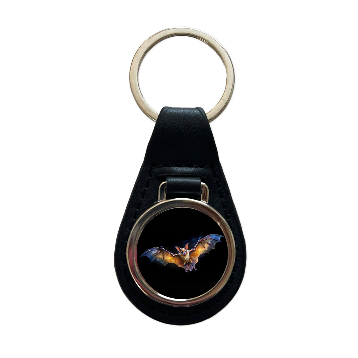Bat Flying Watercolor Black Background Black Leather Metal Keychain