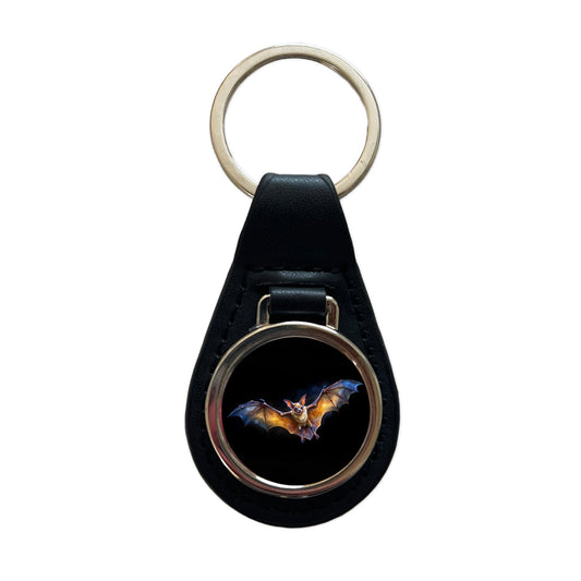 Bat Flying Watercolor Black Background Black Leather Metal Keychain