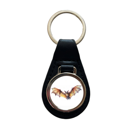 Bat Flying Watercolor Black Leather Metal Keychain