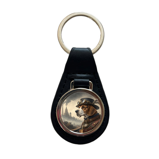 Beagle Dog Steampunk Black Leather Metal Keychain