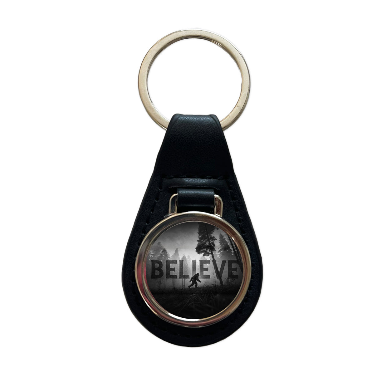 Believe Bigfoot Fantasy Creatures Black Leather Metal Keychain