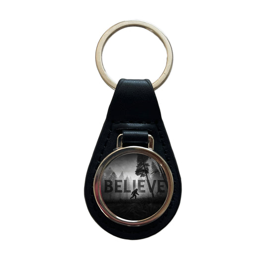 Believe Bigfoot Fantasy Creatures Black Leather Metal Keychain
