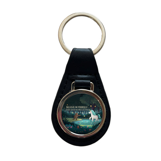 Believe In Yourself Even When No One Else Will Bigfoot Unicorn Funny Black Leather Metal Keychain