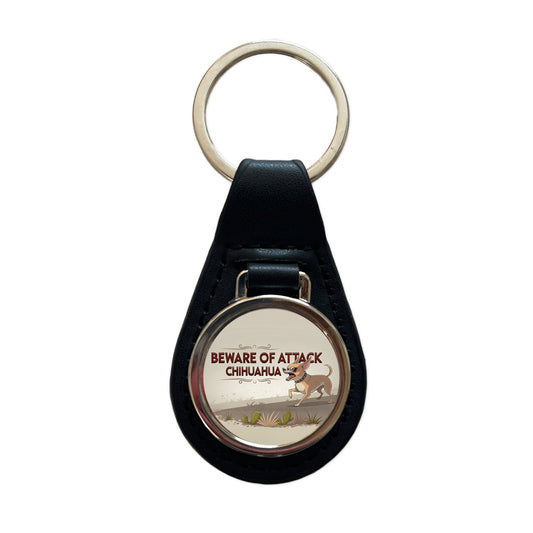 Beware Of Attack Chihuahua Dog Funny Black Leather Metal Keychain
