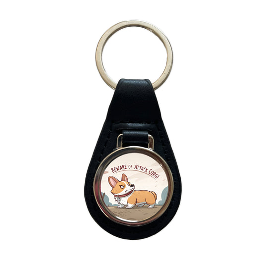 Beware Of Attack Corgi Dog Funny Black Leather Metal Keychain