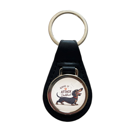 Beware Of Attack Dachshund Dog Funny Black Leather Metal Keychain