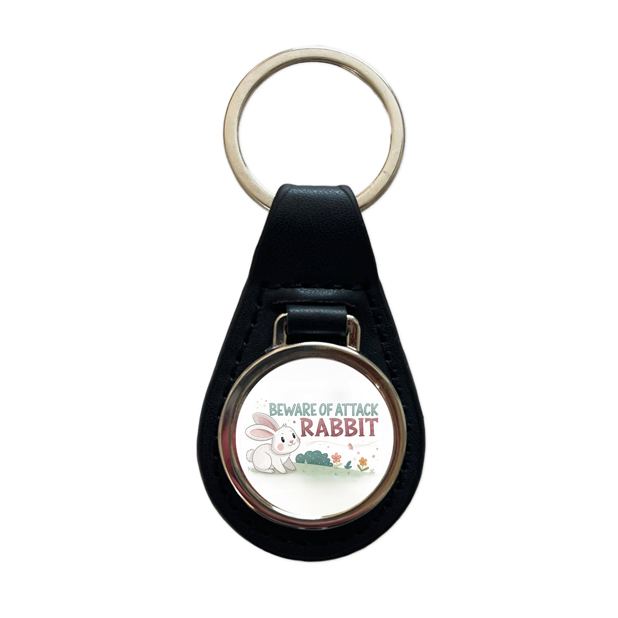 Beware Of Attack Rabbit Funny Black Leather Metal Keychain