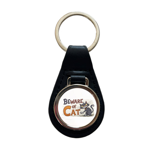 Beware Of Cat Funny Black Leather Metal Keychain
