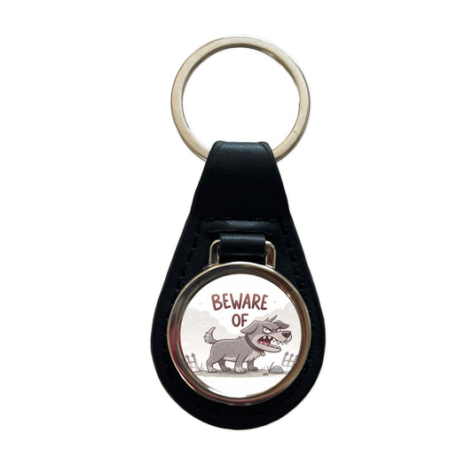 Beware Of Dog Funny Cartoon Black Leather Metal Keychain
