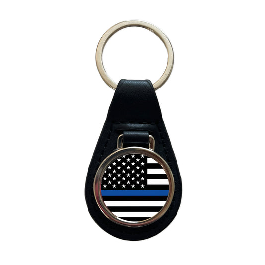 Black and White Thin Blue Line Police American Flag Black Leather Metal Keychain