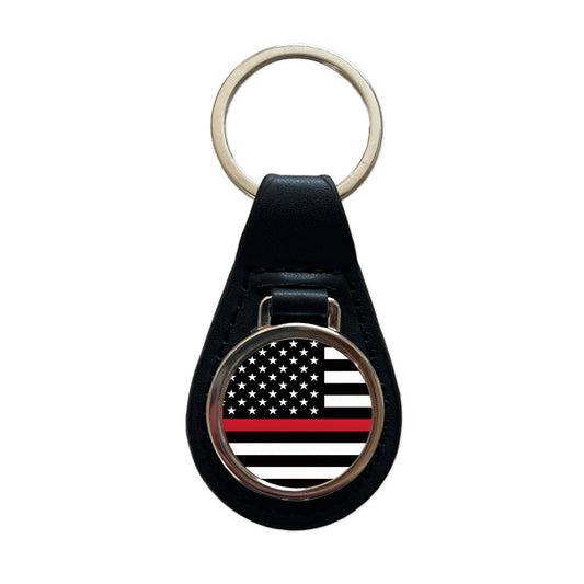 Black and White Thin Red Line Firefighter American Flag Black Leather Metal Keychain