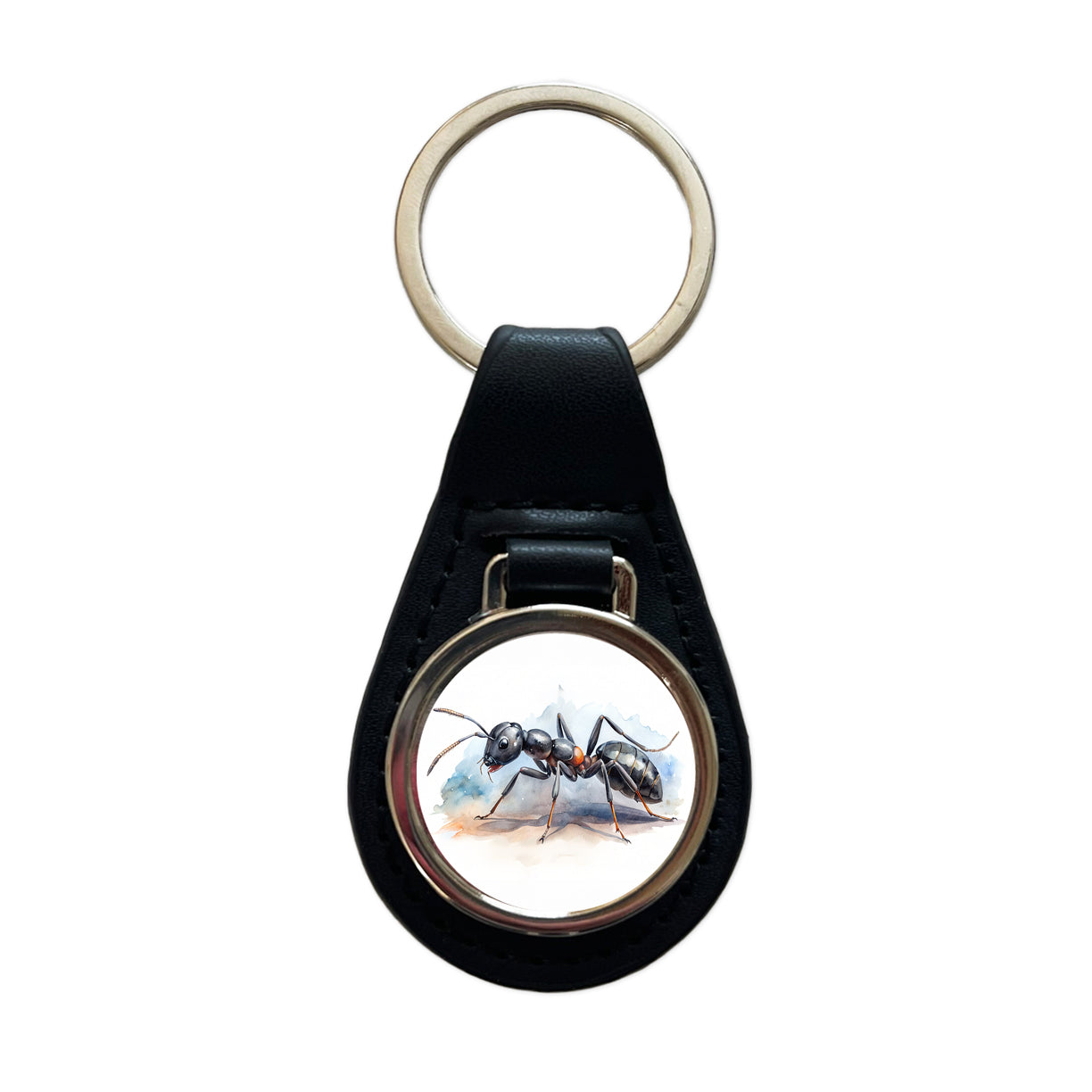 Black Carpenter Ant Watercolor Black Leather Metal Keychain