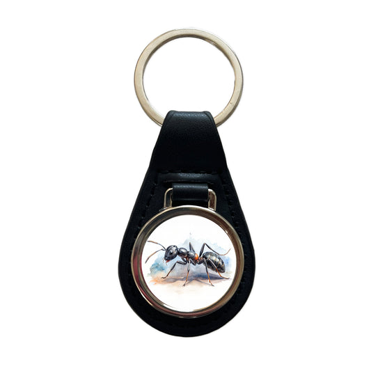 Black Carpenter Ant Watercolor Black Leather Metal Keychain