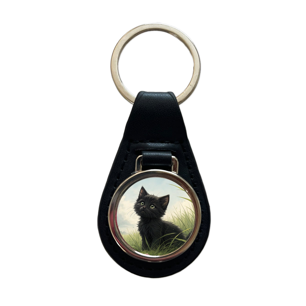Black Kitten Cat in Field Black Leather Metal Keychain