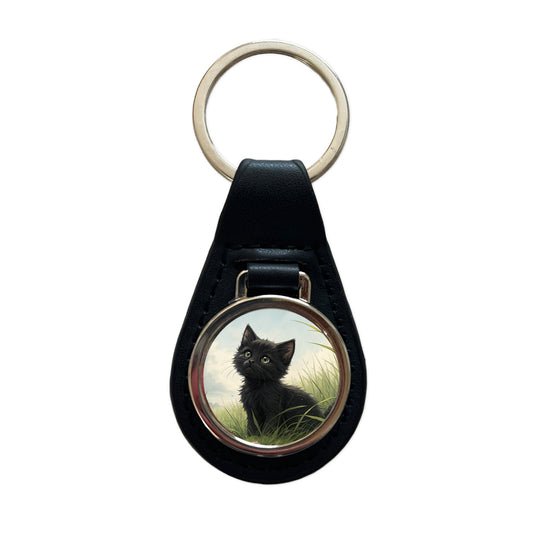 Black Kitten Cat in Field Black Leather Metal Keychain