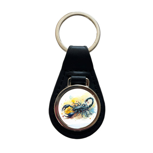 Black Scorpion Watercolor Black Leather Metal Keychain