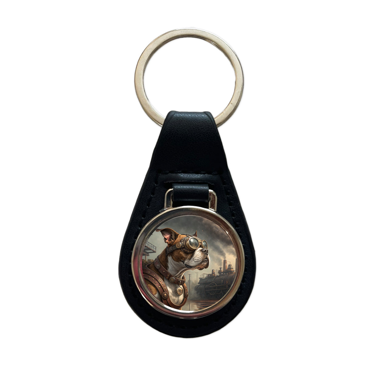 Boxer Dog Steampunk Black Leather Metal Keychain