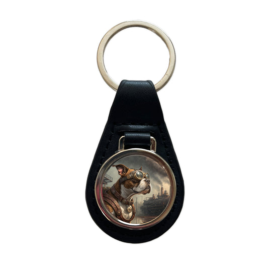 Boxer Dog Steampunk Black Leather Metal Keychain