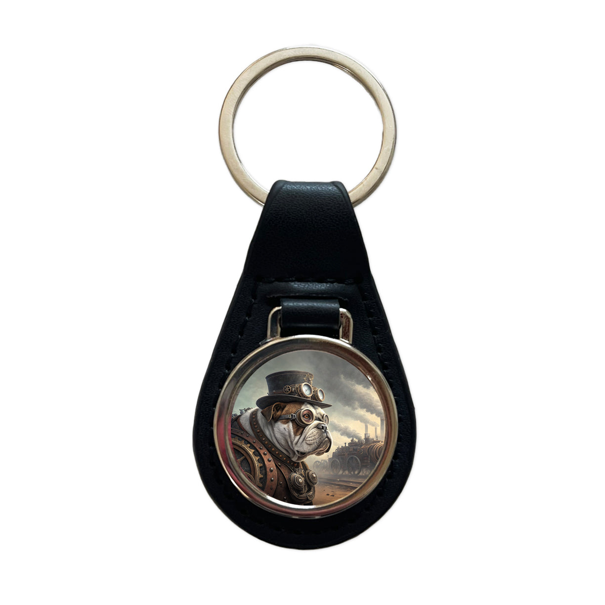 Bulldog Dog Steampunk Black Leather Metal Keychain