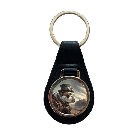 Bulldog Dog Steampunk Black Leather Metal Keychain