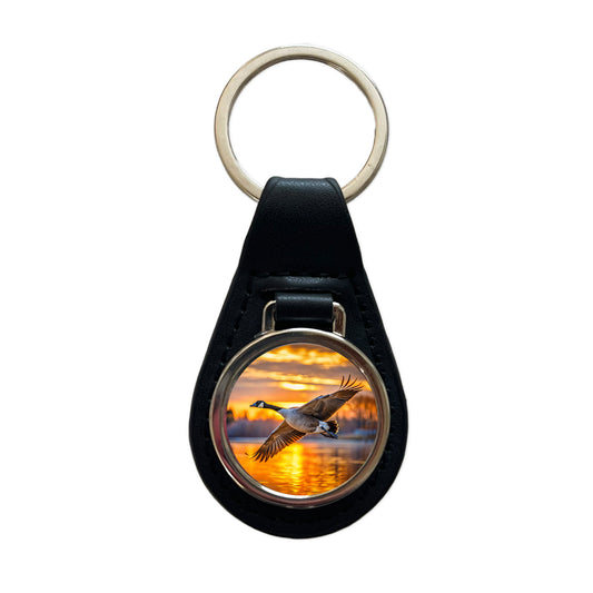 Canada Canadian Goose In Flight At Sunset Black Leather Metal Keychain