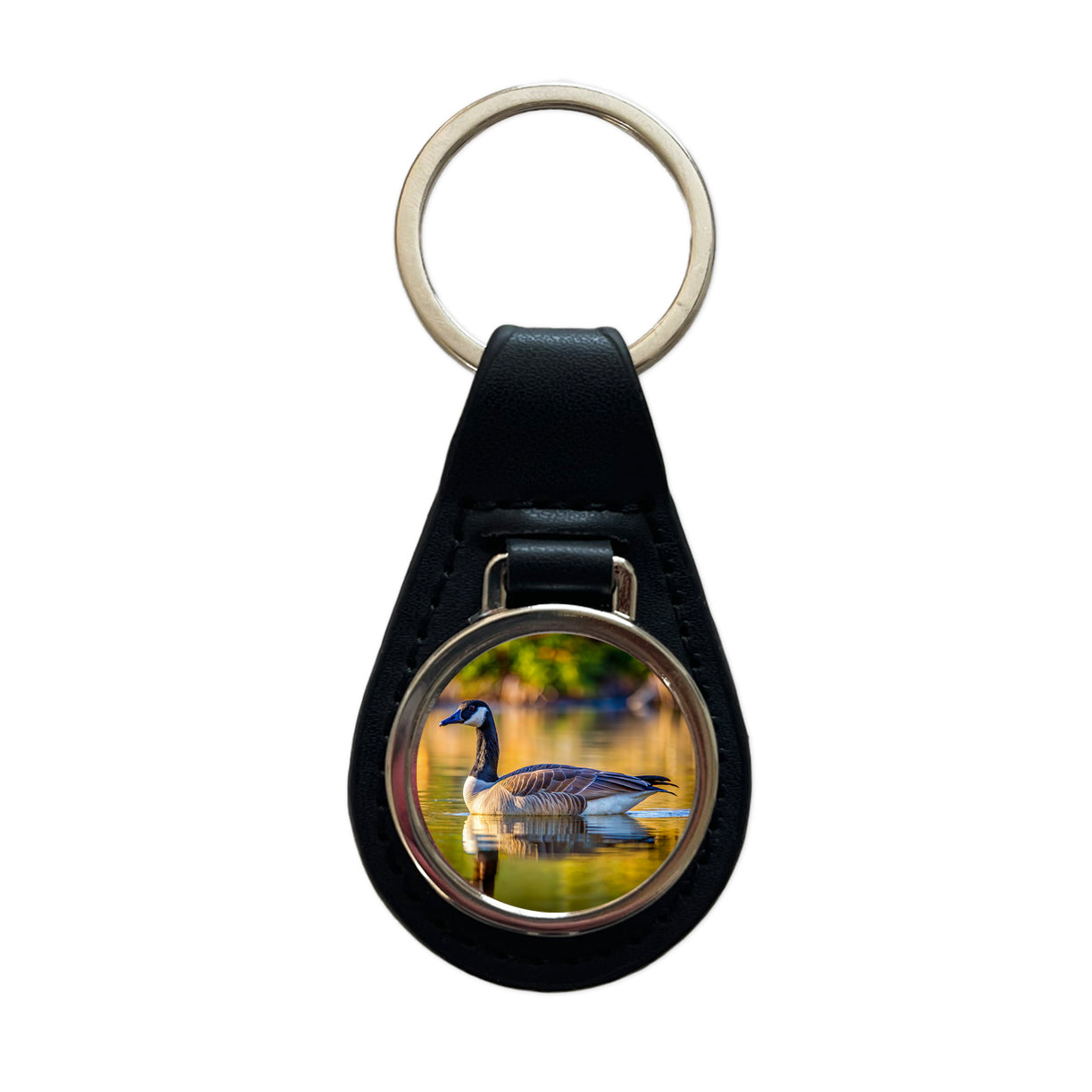 Canada Canadian Goose on Lake Black Leather Metal Keychain