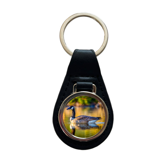 Canada Canadian Goose on Lake Black Leather Metal Keychain