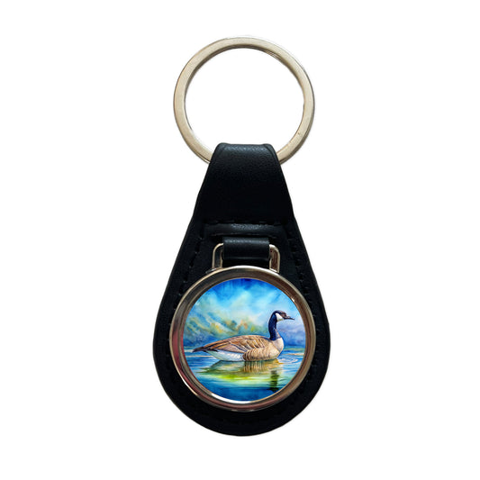 Canada Canadian Goose Watercolor Black Leather Metal Keychain